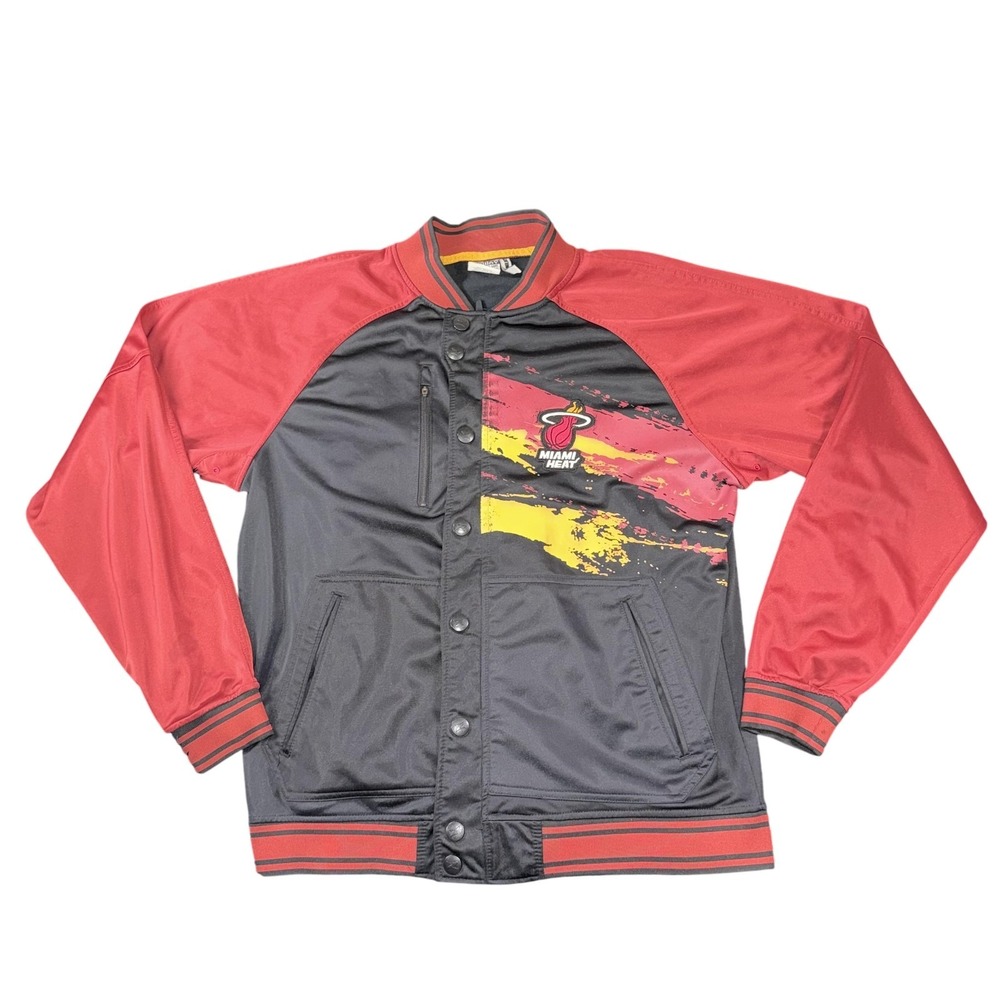 Miami Heat Jacket Mens Large Black Red Yellow NBA Basketball Snap Button Raglan